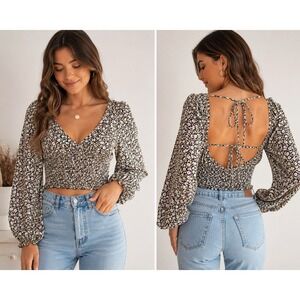 BKK CHANCE Floral Smocked Crop Top Women M Balloon Sleeve Tie Back Boho Y2K